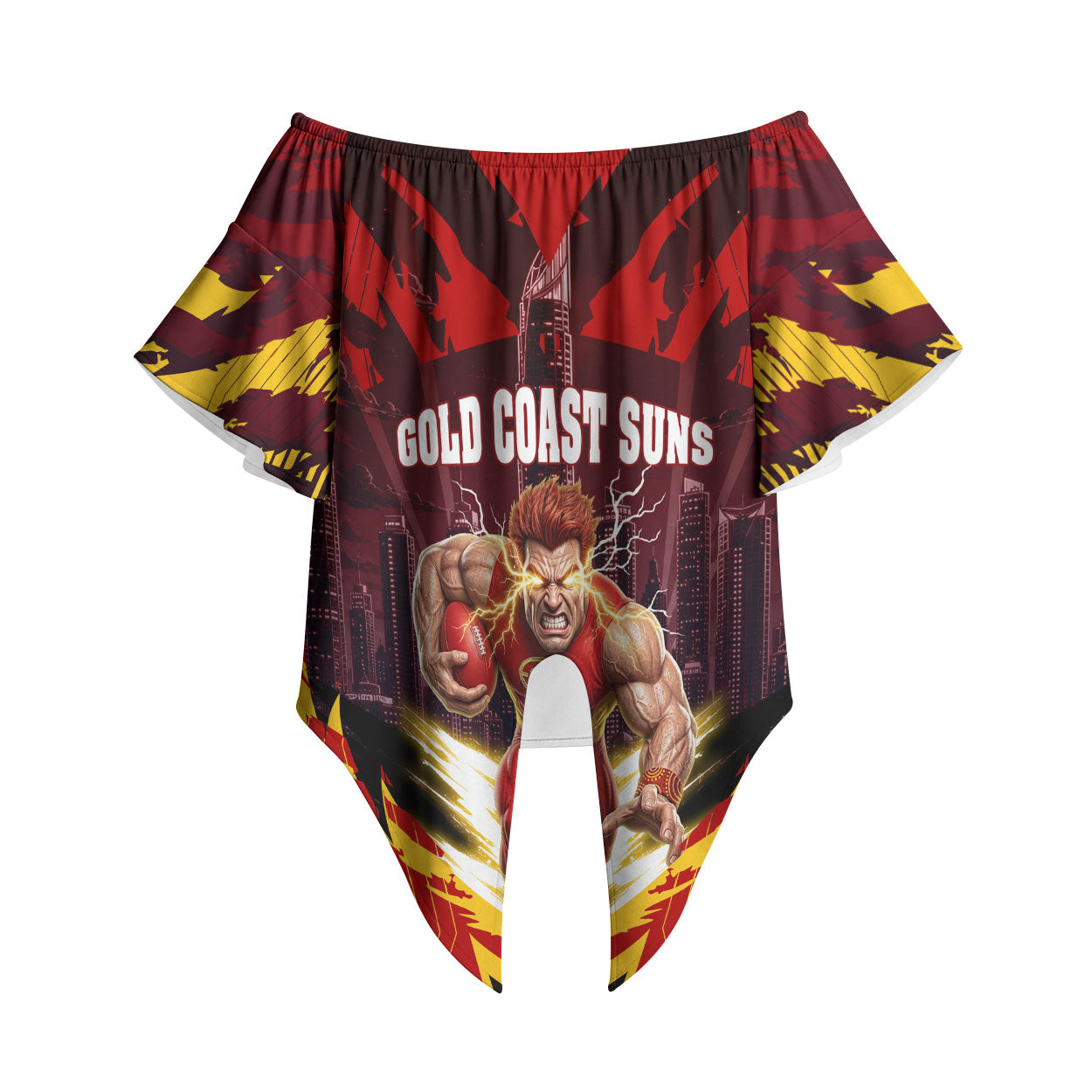 Personalised Gold Coast Suns Football Off Shoulder Wrap Waist Top Electric Red Flame Mascot Charging Cityscape