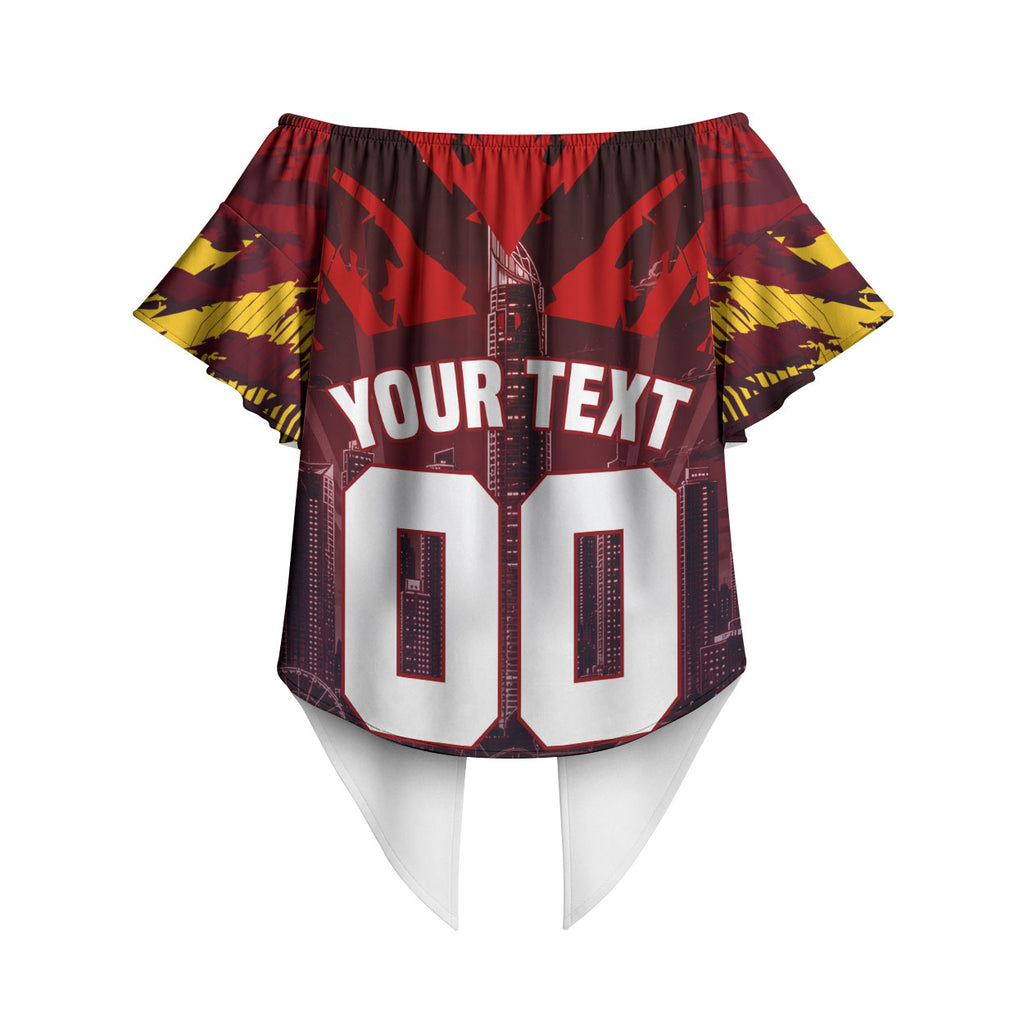 Personalised Gold Coast Suns Football Off Shoulder Wrap Waist Top Electric Red Flame Mascot Charging Cityscape
