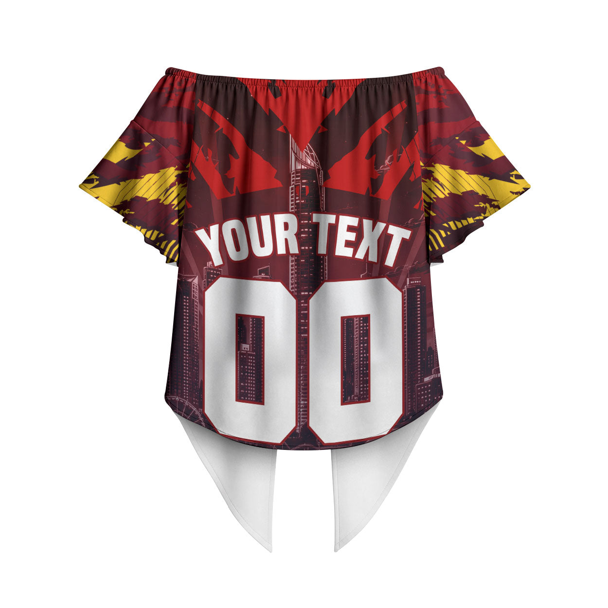 Personalised Gold Coast Suns Football Off Shoulder Wrap Waist Top Electric Red Flame Mascot Charging Cityscape