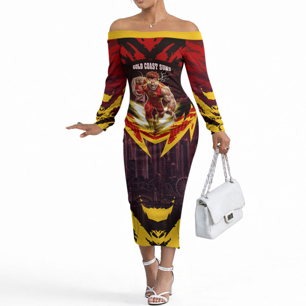 Personalised Gold Coast Suns Football Off The Shoulder Long Sleeve Dress Electric Red Flame Mascot Charging Cityscape
