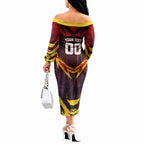 Personalised Gold Coast Suns Football Off The Shoulder Long Sleeve Dress Electric Red Flame Mascot Charging Cityscape