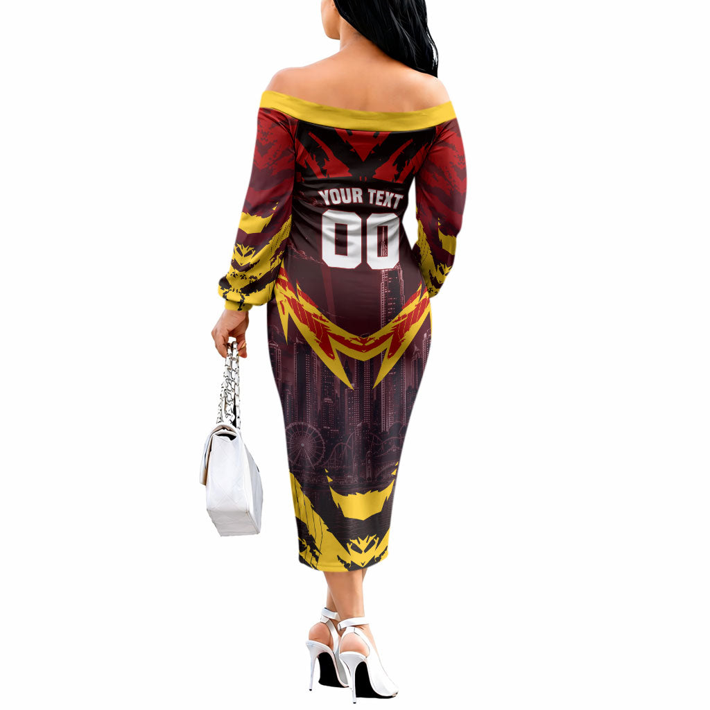 Personalised Gold Coast Suns Football Off The Shoulder Long Sleeve Dress Electric Red Flame Mascot Charging Cityscape