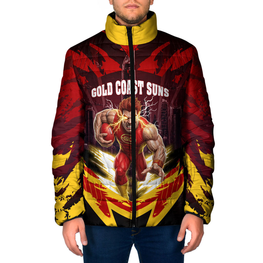 Personalised Gold Coast Suns Football Padded Jacket Electric Red Flame Mascot Charging Cityscape