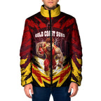 Personalised Gold Coast Suns Football Padded Jacket Electric Red Flame Mascot Charging Cityscape