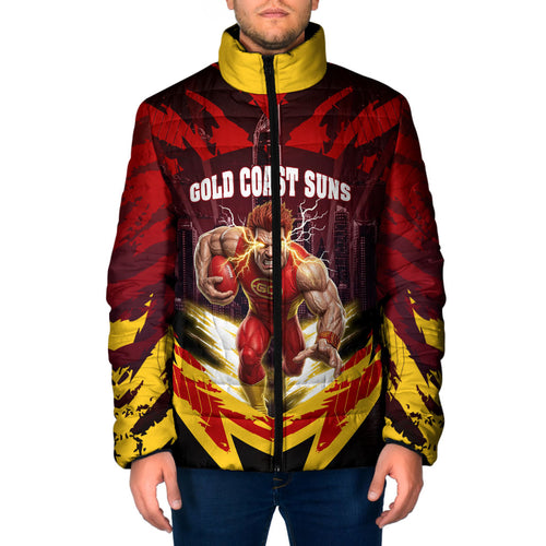 Personalised Gold Coast Suns Football Padded Jacket Electric Red Flame Mascot Charging Cityscape