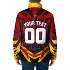 Personalised Gold Coast Suns Football Padded Jacket Electric Red Flame Mascot Charging Cityscape