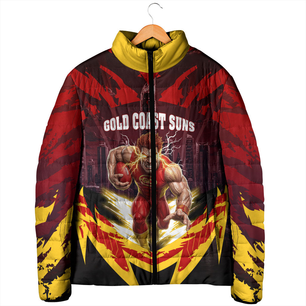 Personalised Gold Coast Suns Football Padded Jacket Electric Red Flame Mascot Charging Cityscape