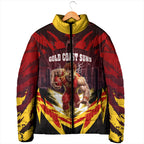 Personalised Gold Coast Suns Football Padded Jacket Electric Red Flame Mascot Charging Cityscape