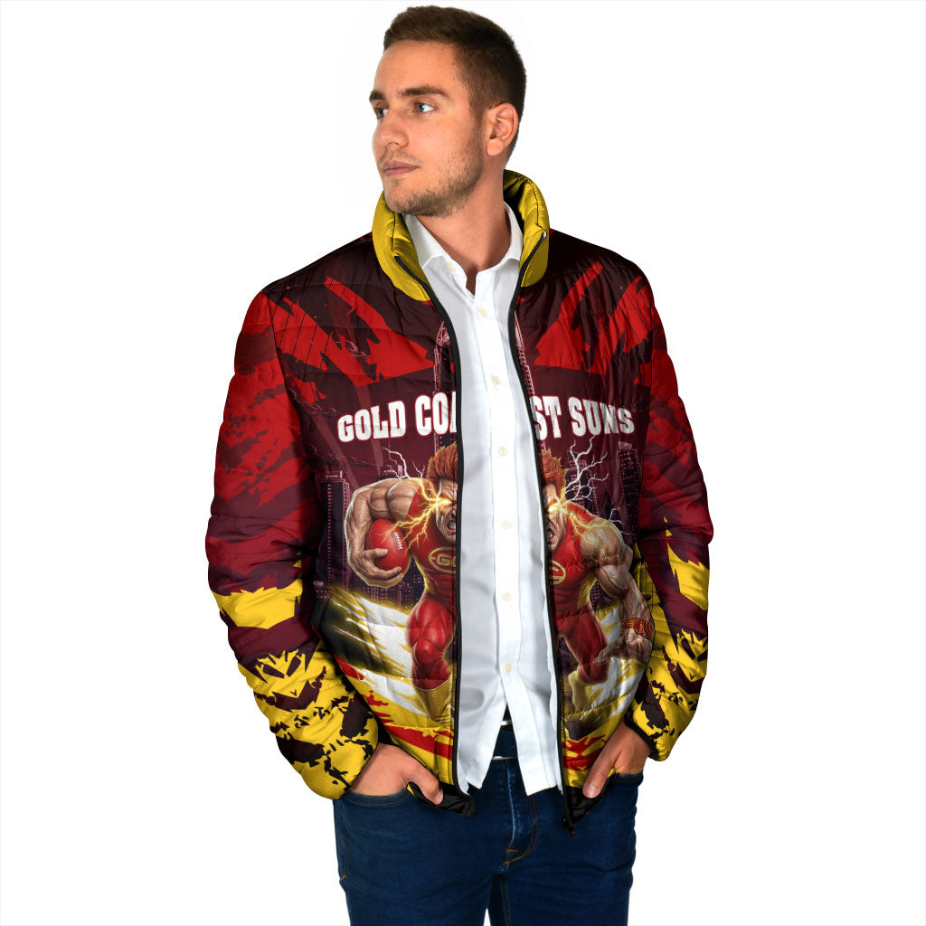 Personalised Gold Coast Suns Football Padded Jacket Electric Red Flame Mascot Charging Cityscape