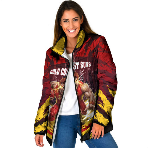 Personalised Gold Coast Suns Football Padded Jacket Electric Red Flame Mascot Charging Cityscape
