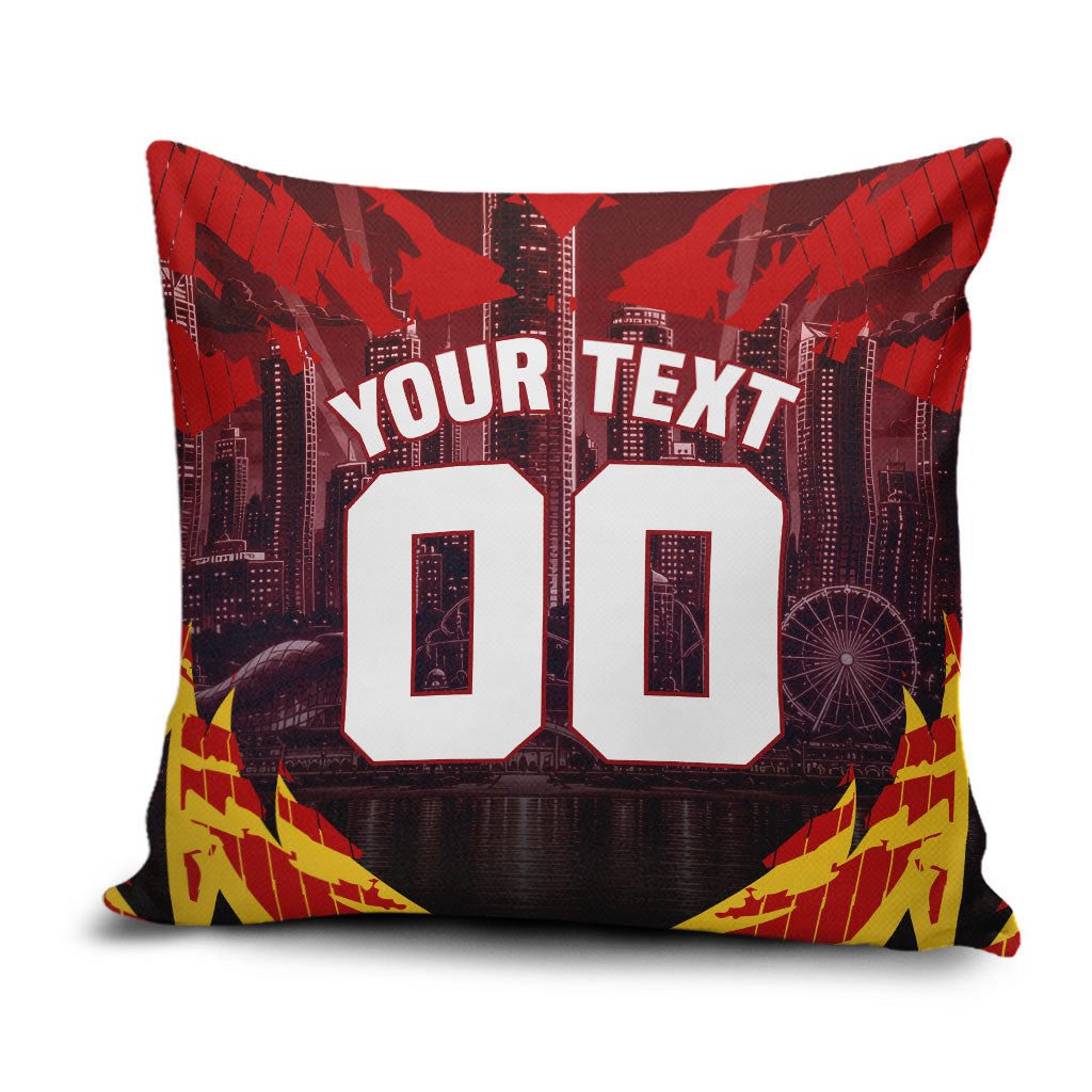 Personalised Gold Coast Suns Football Pillow Cover Electric Red Flame Mascot Charging Cityscape