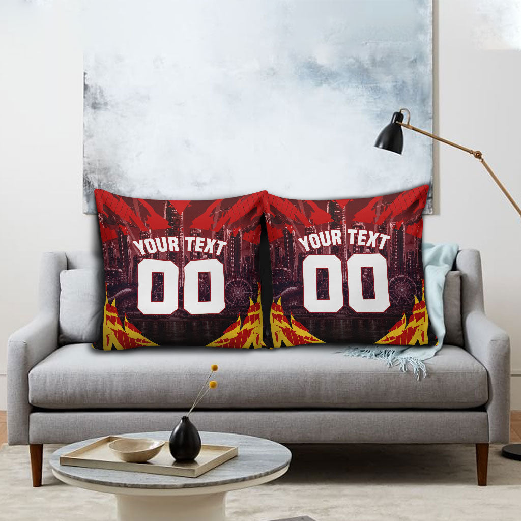 Personalised Gold Coast Suns Football Pillow Cover Electric Red Flame Mascot Charging Cityscape