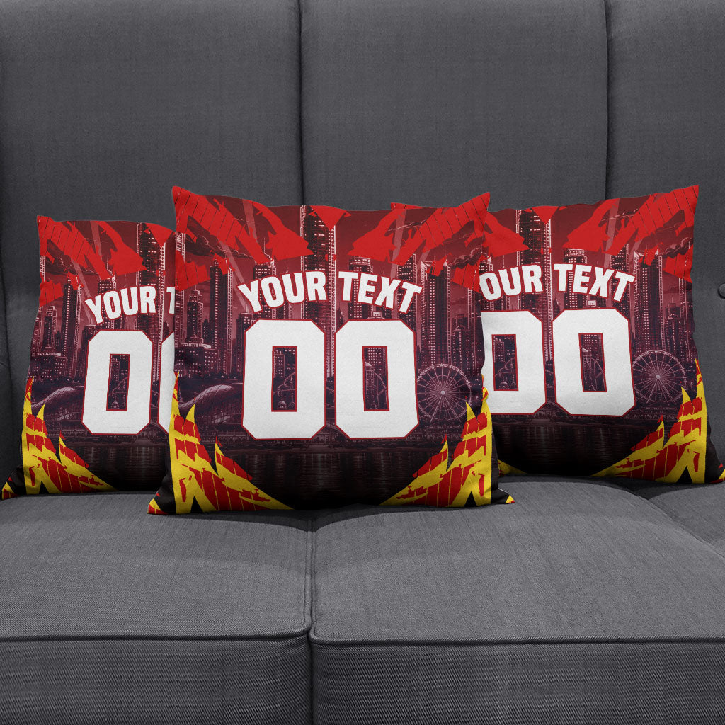 Personalised Gold Coast Suns Football Pillow Cover Electric Red Flame Mascot Charging Cityscape