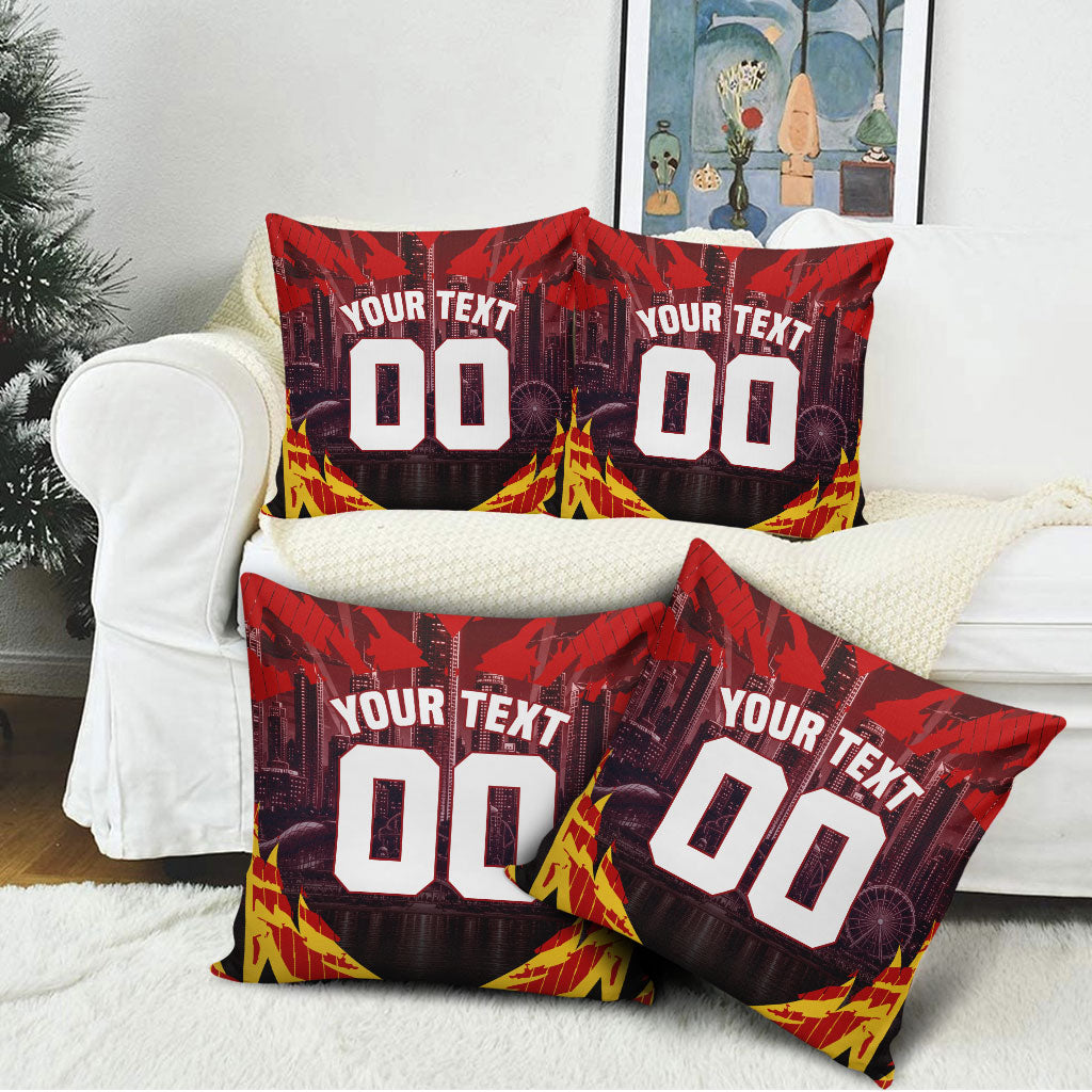 Personalised Gold Coast Suns Football Pillow Cover Electric Red Flame Mascot Charging Cityscape