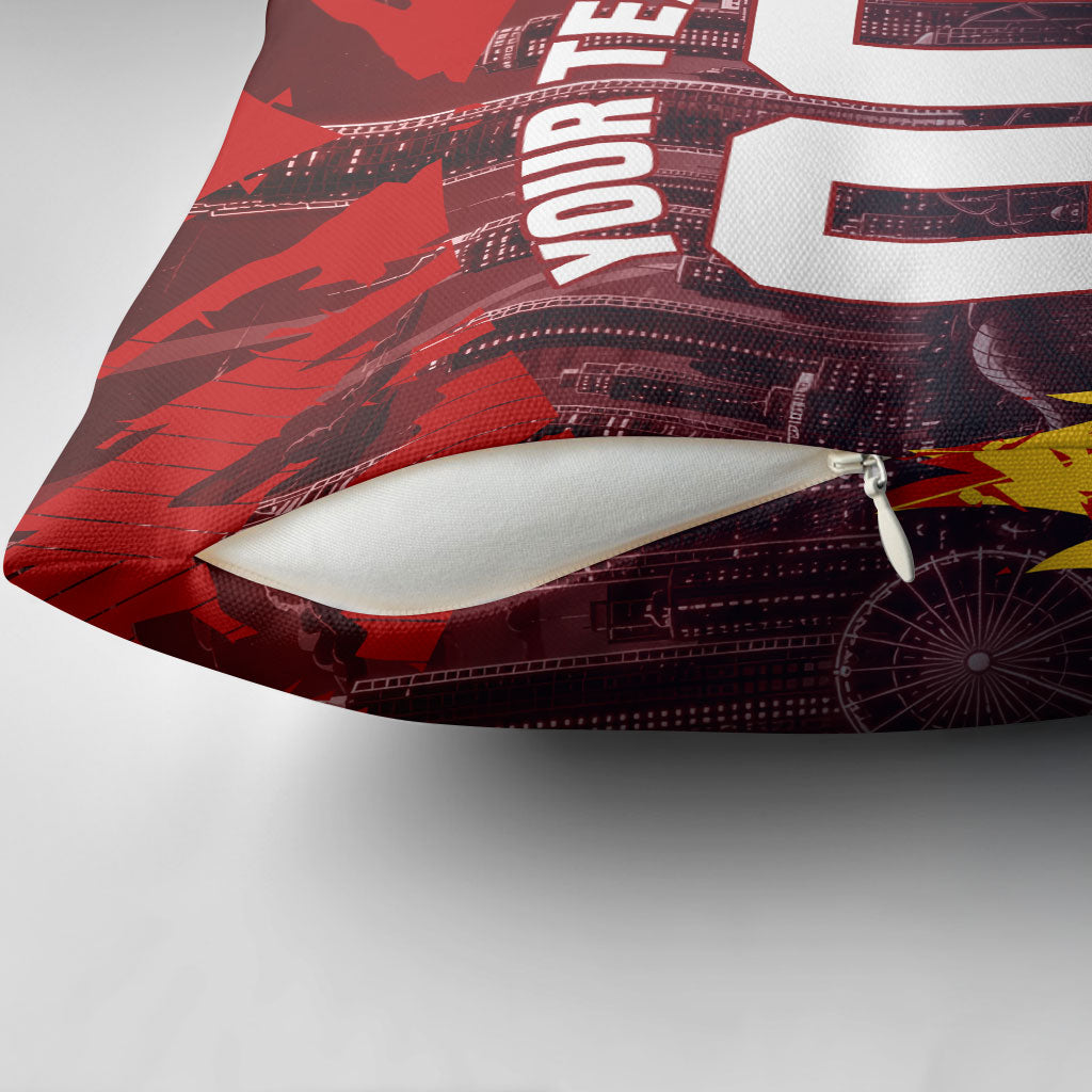 Personalised Gold Coast Suns Football Pillow Cover Electric Red Flame Mascot Charging Cityscape