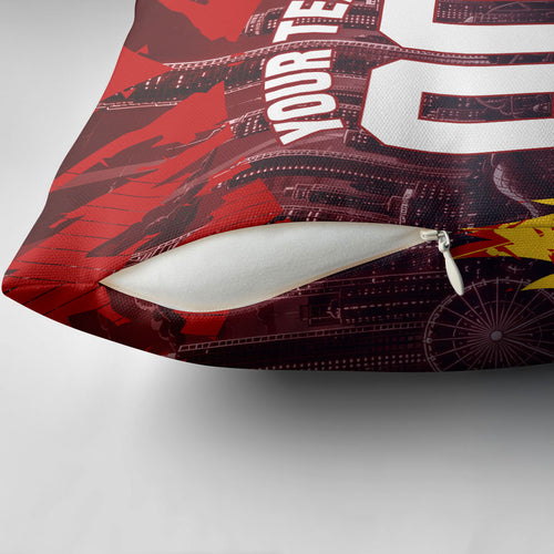 Personalised Gold Coast Suns Football Pillow Cover Electric Red Flame Mascot Charging Cityscape