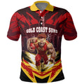 Personalised Gold Coast Suns Football Polo Shirt Electric Red Flame Mascot Charging Cityscape