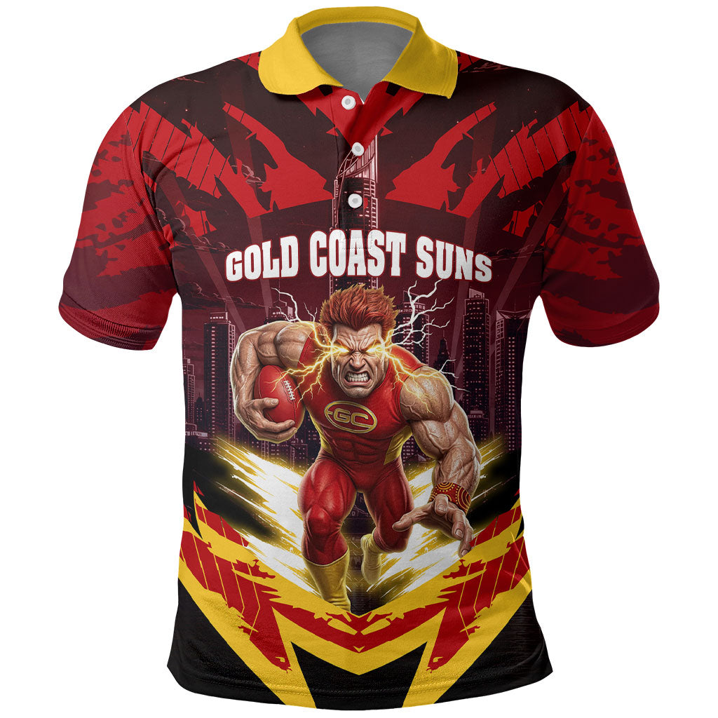 Personalised Gold Coast Suns Football Polo Shirt Electric Red Flame Mascot Charging Cityscape