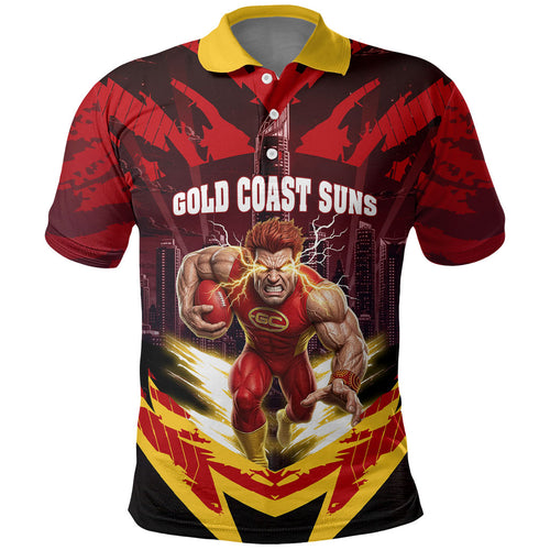 Personalised Gold Coast Suns Football Polo Shirt Electric Red Flame Mascot Charging Cityscape