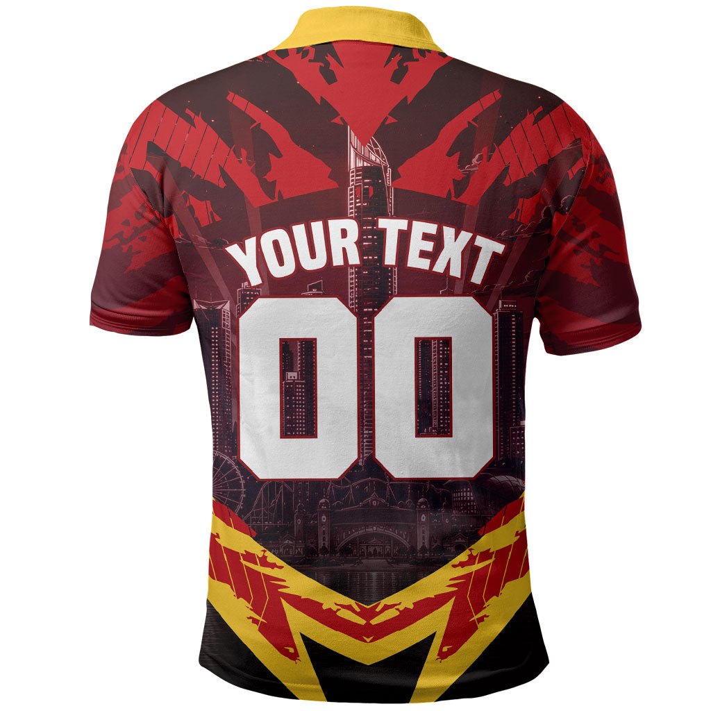 Personalised Gold Coast Suns Football Polo Shirt Electric Red Flame Mascot Charging Cityscape