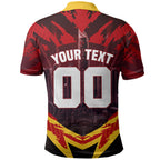 Personalised Gold Coast Suns Football Polo Shirt Electric Red Flame Mascot Charging Cityscape