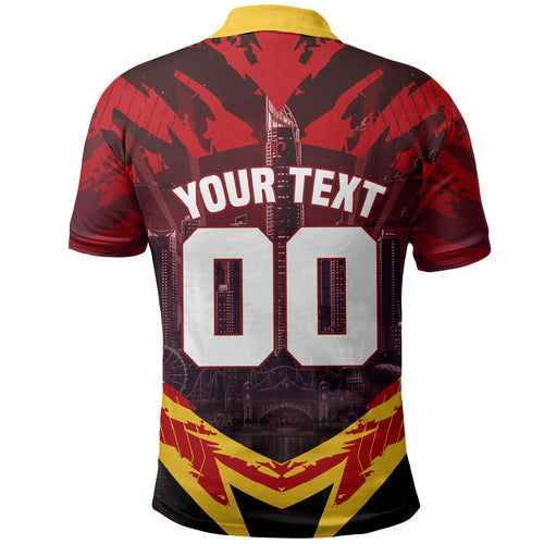 Personalised Gold Coast Suns Football Polo Shirt Electric Red Flame Mascot Charging Cityscape
