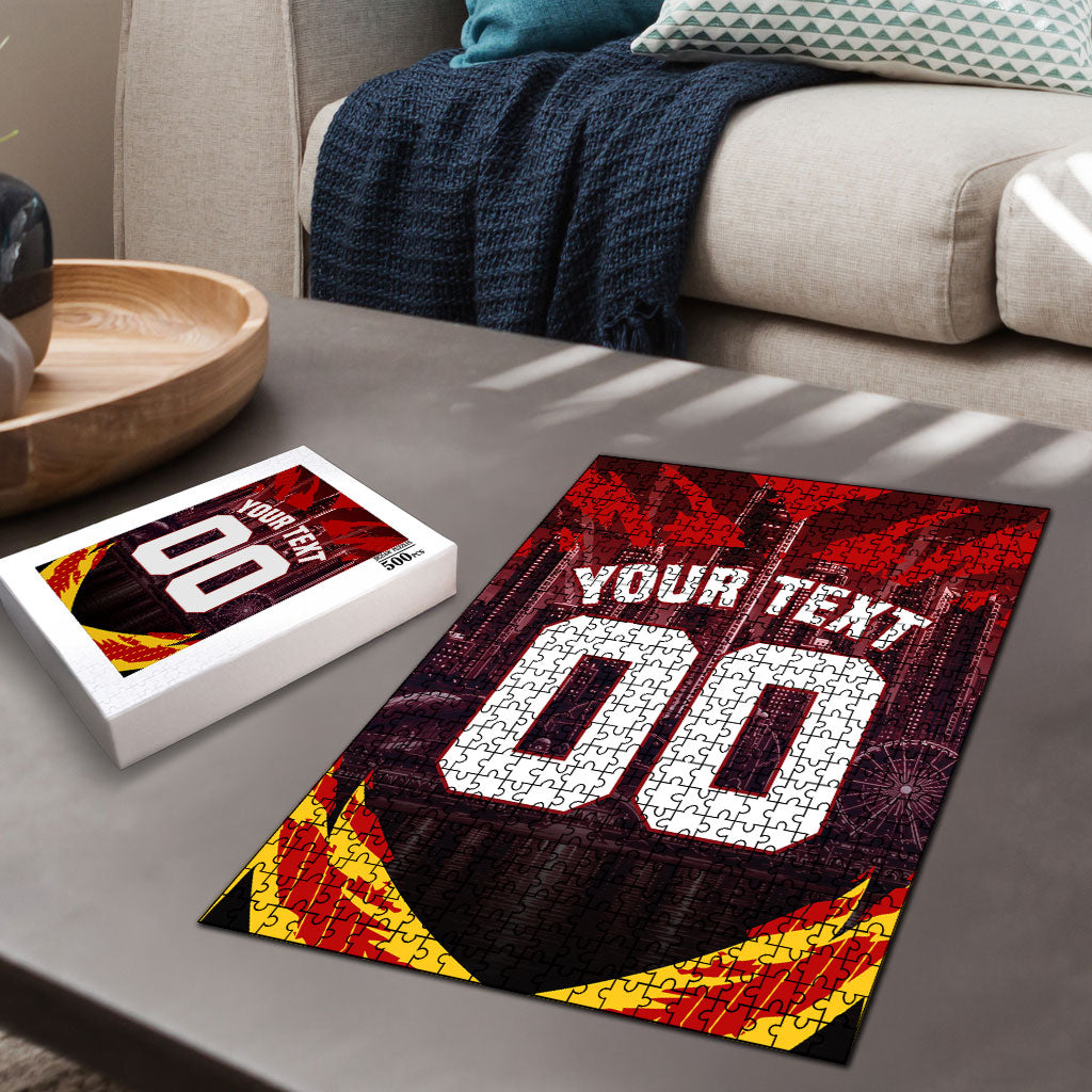 Personalised Gold Coast Suns Football Puzzle Electric Red Flame Mascot Charging Cityscape