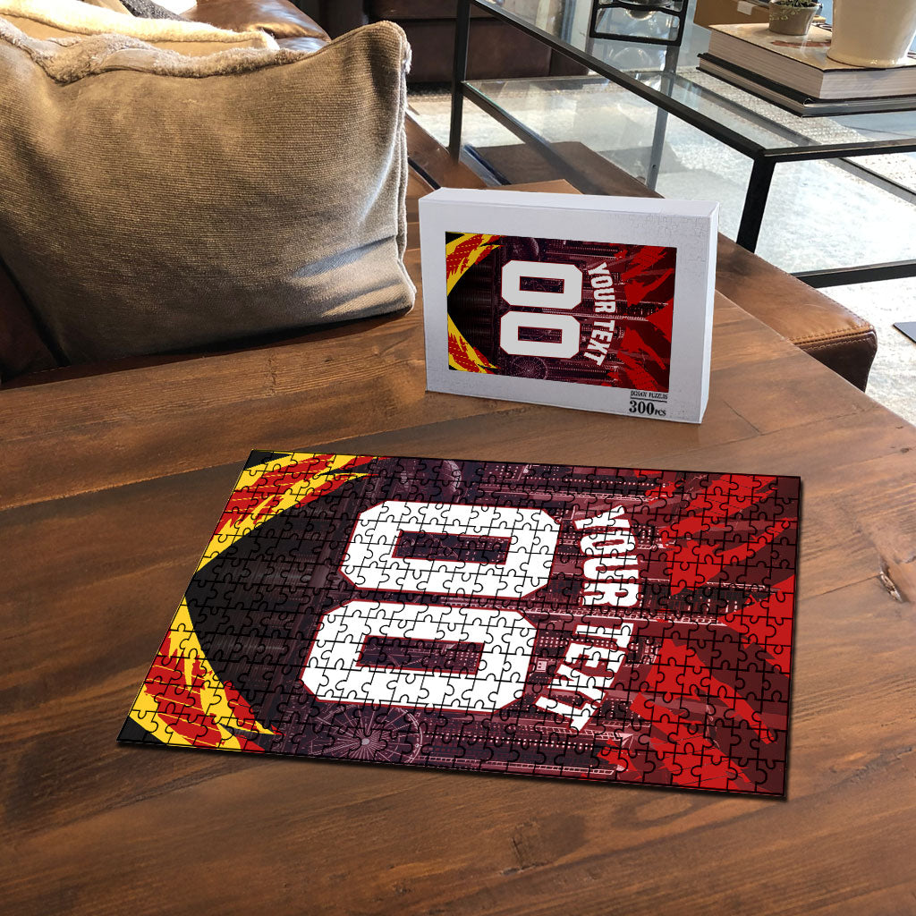 Personalised Gold Coast Suns Football Puzzle Electric Red Flame Mascot Charging Cityscape