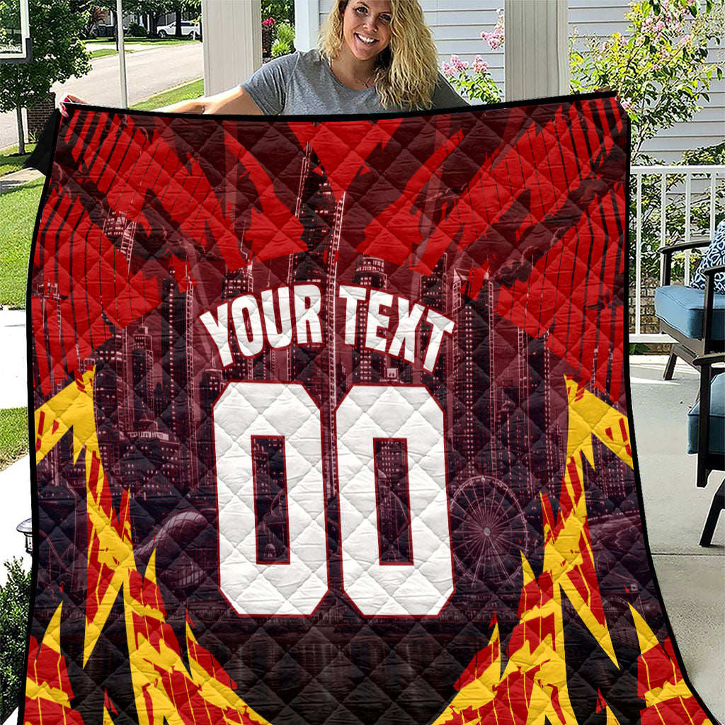 Personalised Gold Coast Suns Football Quilt Electric Red Flame Mascot Charging Cityscape