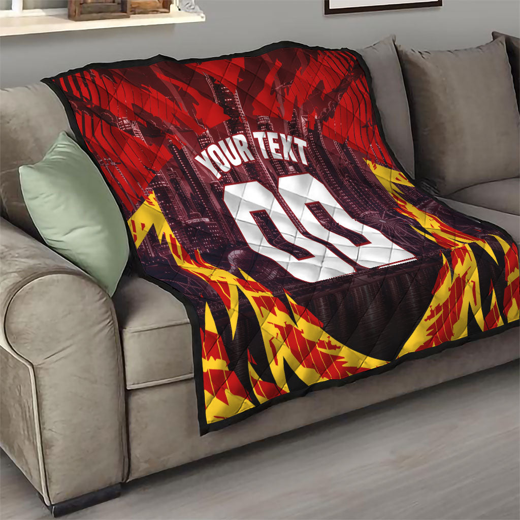 Personalised Gold Coast Suns Football Quilt Electric Red Flame Mascot Charging Cityscape