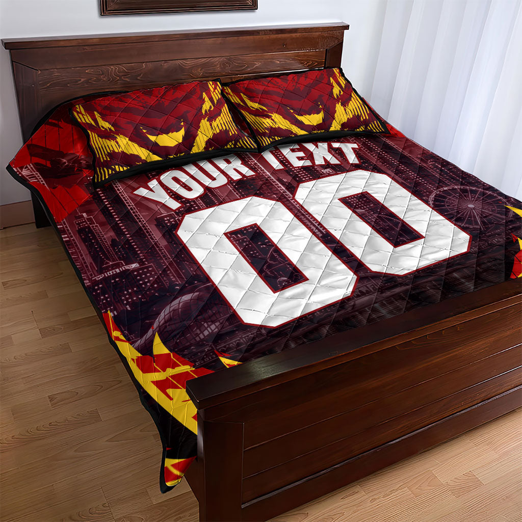 Personalised Gold Coast Suns Football Quilt Bed Set Electric Red Flame Mascot Charging Cityscape