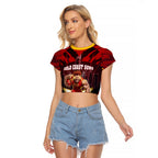 Personalised Gold Coast Suns Football Raglan Cropped T Shirt Electric Red Flame Mascot Charging Cityscape