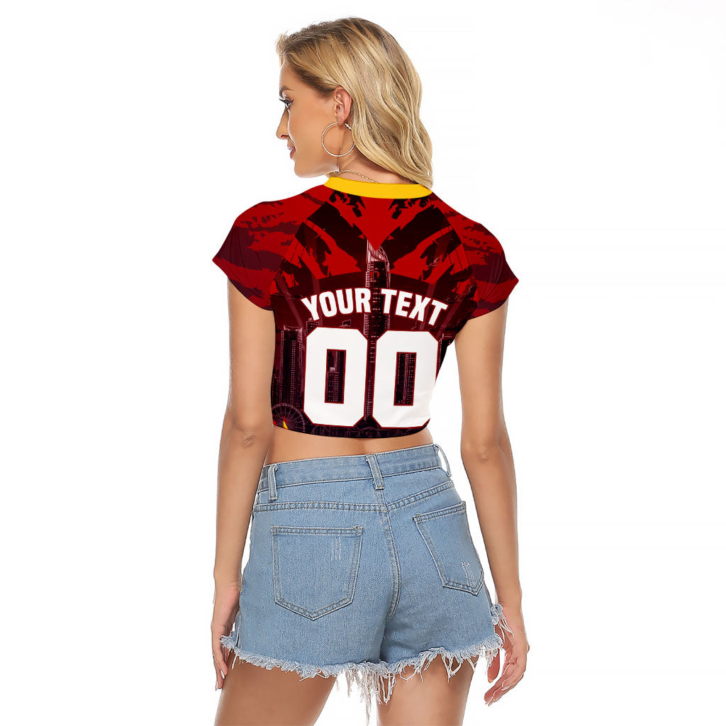 Personalised Gold Coast Suns Football Raglan Cropped T Shirt Electric Red Flame Mascot Charging Cityscape