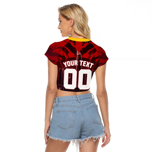 Personalised Gold Coast Suns Football Raglan Cropped T Shirt Electric Red Flame Mascot Charging Cityscape