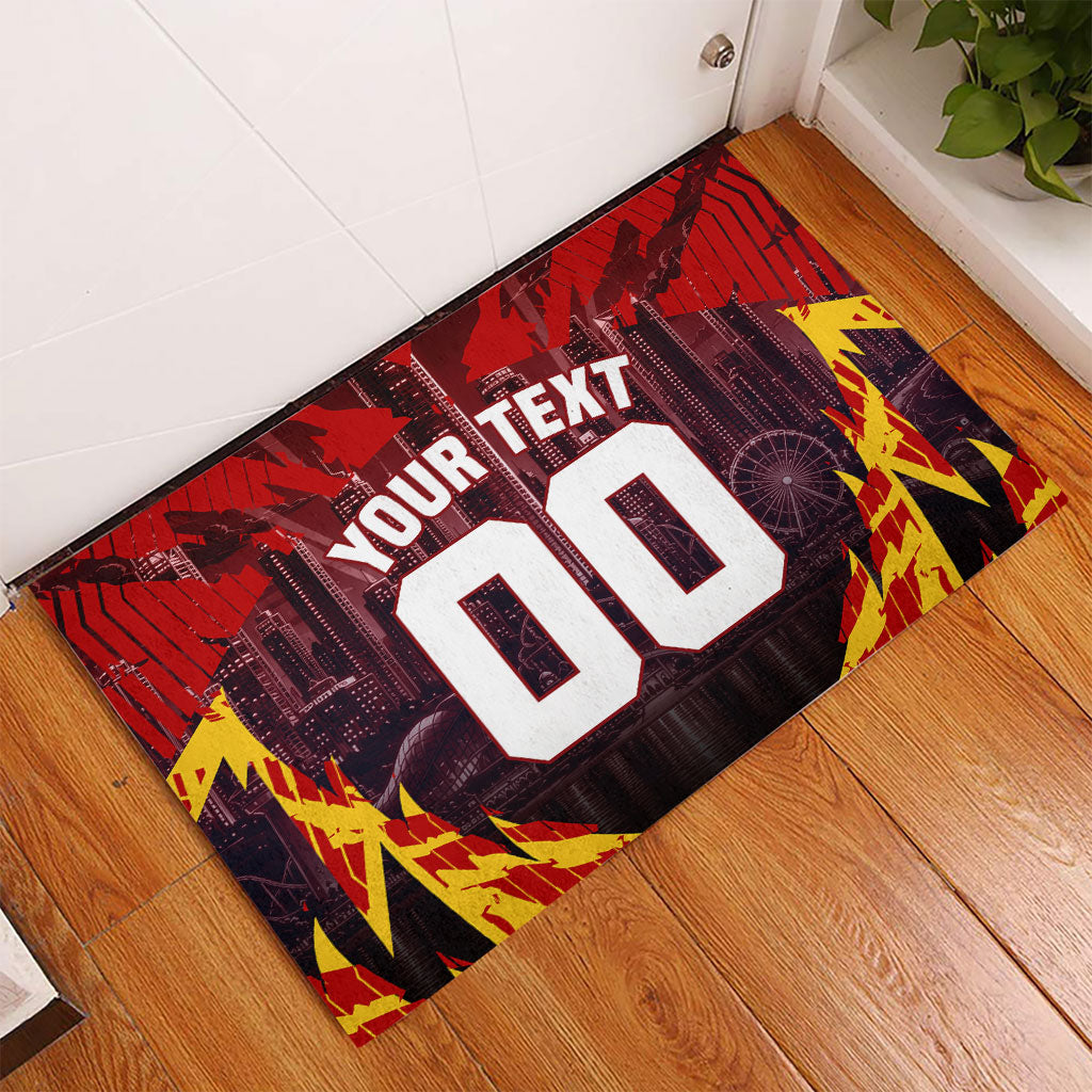 Personalised Gold Coast Suns Football Rubber Doormat Electric Red Flame Mascot Charging Cityscape