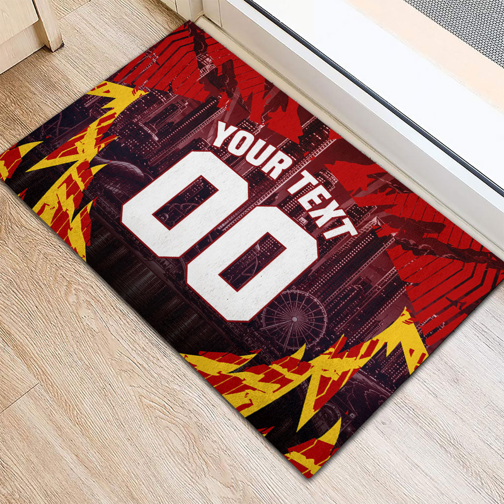 Personalised Gold Coast Suns Football Rubber Doormat Electric Red Flame Mascot Charging Cityscape