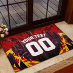 Personalised Gold Coast Suns Football Rubber Doormat Electric Red Flame Mascot Charging Cityscape