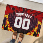 Personalised Gold Coast Suns Football Rubber Doormat Electric Red Flame Mascot Charging Cityscape
