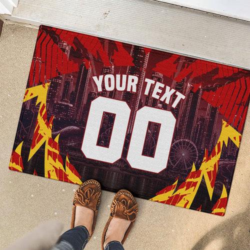 Personalised Gold Coast Suns Football Rubber Doormat Electric Red Flame Mascot Charging Cityscape