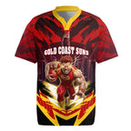 Personalised Gold Coast Suns Football Rugby Jersey Electric Red Flame Mascot Charging Cityscape