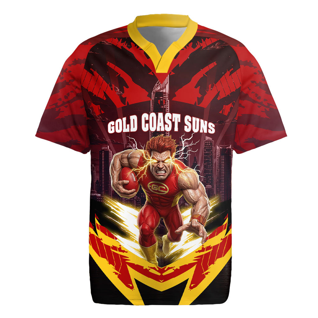 Personalised Gold Coast Suns Football Rugby Jersey Electric Red Flame Mascot Charging Cityscape
