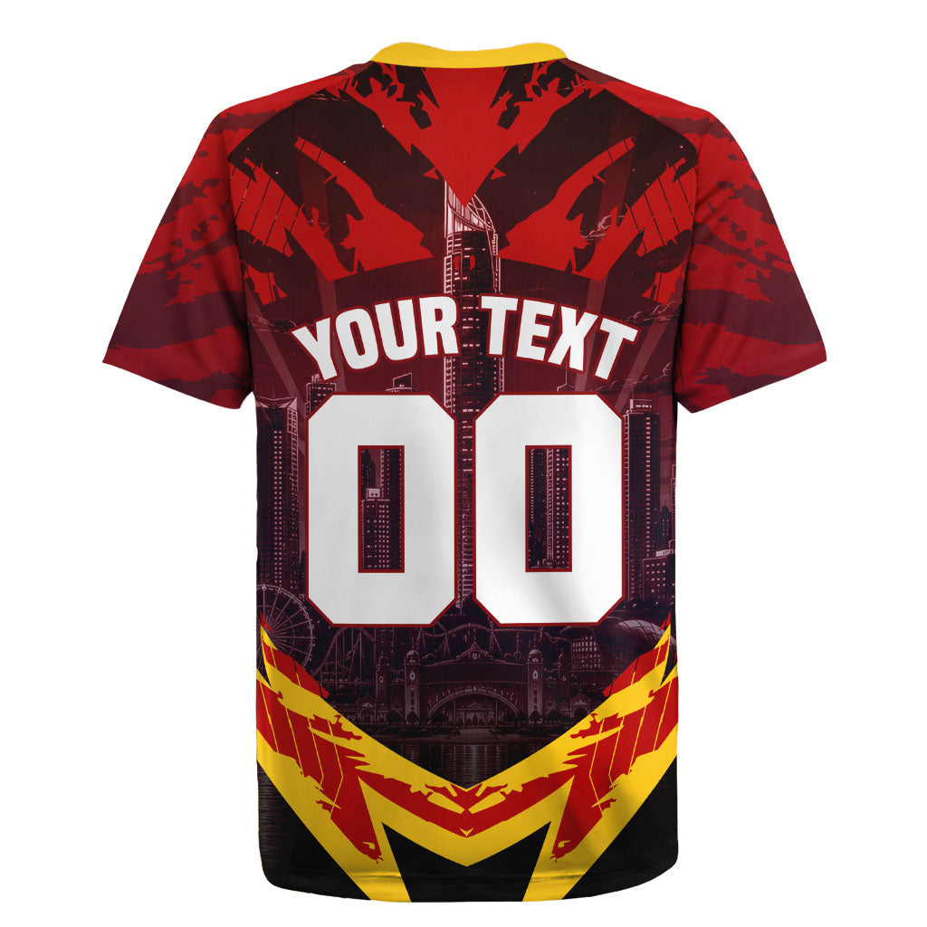 Personalised Gold Coast Suns Football Rugby Jersey Electric Red Flame Mascot Charging Cityscape