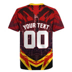 Personalised Gold Coast Suns Football Rugby Jersey Electric Red Flame Mascot Charging Cityscape