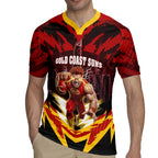 Personalised Gold Coast Suns Football Rugby Jersey Electric Red Flame Mascot Charging Cityscape