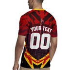 Personalised Gold Coast Suns Football Rugby Jersey Electric Red Flame Mascot Charging Cityscape