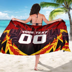 Personalised Gold Coast Suns Football Sarong Electric Red Flame Mascot Charging Cityscape