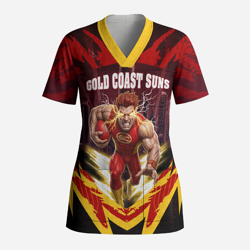 Personalised Gold Coast Suns Football Scrub Top Electric Red Flame Mascot Charging Cityscape