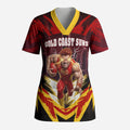 Personalised Gold Coast Suns Football Scrub Top Electric Red Flame Mascot Charging Cityscape
