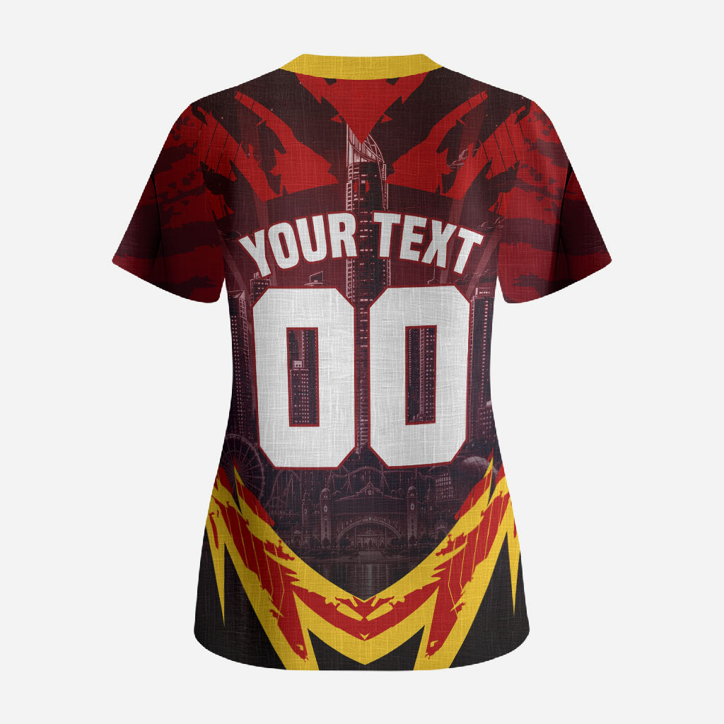 Personalised Gold Coast Suns Football Scrub Top Electric Red Flame Mascot Charging Cityscape