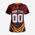 Personalised Gold Coast Suns Football Scrub Top Electric Red Flame Mascot Charging Cityscape